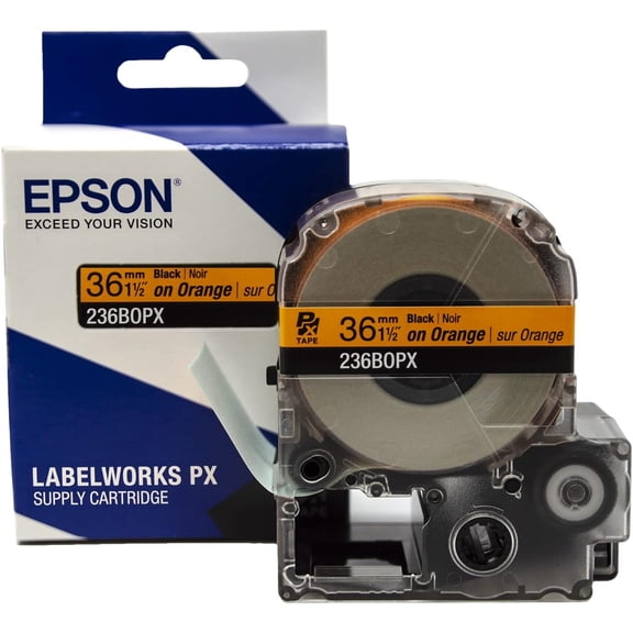Epson LABELWORKS 236BOPX - Black on Orange PET Label Maker Tape - 1.5" (36MM) Wide, 30'