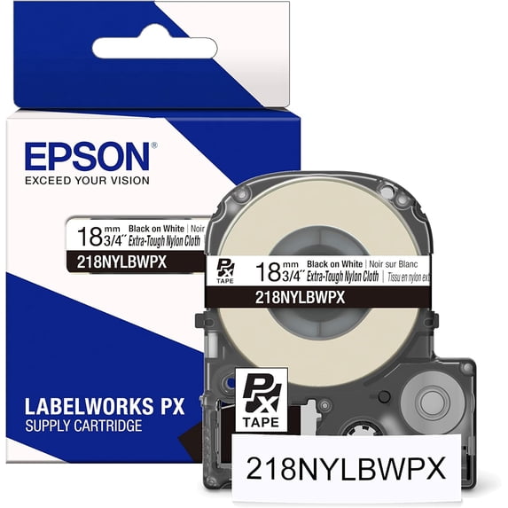 Epson LABELWORKS 218NYLBWPX - Black on White Nylon Label Maker Tape - 3/4" (18MM) Wide, 19'