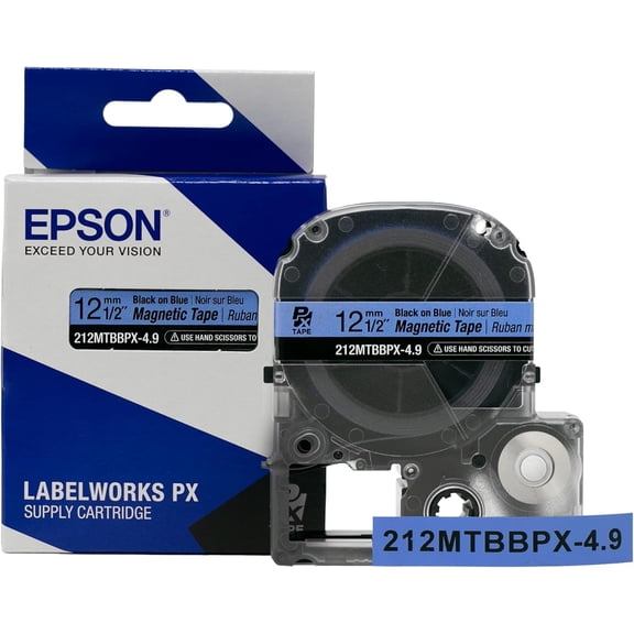 Epson LABELWORKS 212MTBBPX-4.9 - Black on Blue Magnetic Label Maker Tape - 1/2" (12MM) Wide, 4.9 ft