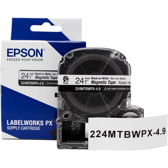 Epson LABELWORKS 224MTBWPX-4.9 - Black on White Magnetic Label Maker Tape - 1" (24MM) Wide, 4.9'