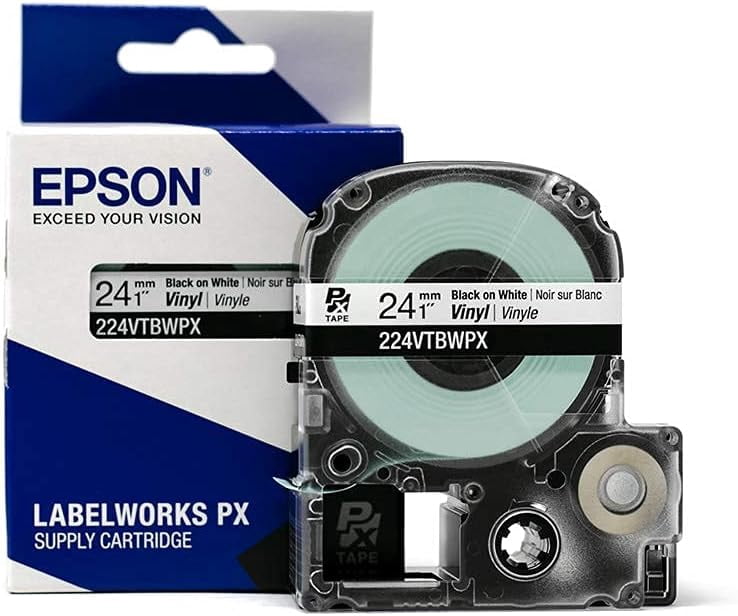 Epson LABELWORKS 224VTBWPX Black on White Vinyl Label Maker Tape 1