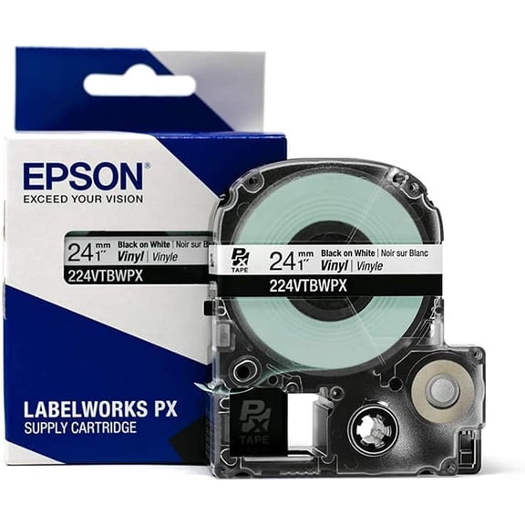 Epson LABELWORKS 224VTBWPX - Black on White Vinyl Label Maker Tape - 1" (24MM) Wide, 22.9'