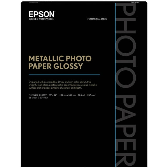 Epson Professional Media Metallic Photo Paper Glossy, White, 17 x 22, 25 Sheets/Pack -EPSS045591