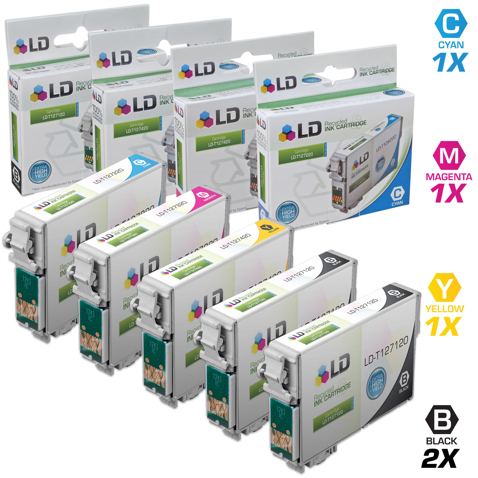 Epson Remanufactured T127 Set of 5 Extra High Capacity Cartridges: Includes 2 Black (T127120), 1 Cyan (T127220), 1 (T127320) Magenta, 1 (T127420) Yellow - image 1 of 5