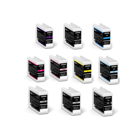 Epson T770 UltraChrome PRO10 Cartridge for SureColor P700 Printer, 25ml -10PK - /Violet /Photo Black/Cyan /Vivid Magenta/Yellow /Light Cyan/Vivid Light Magenta/Gray /Matte Black/Light Gray