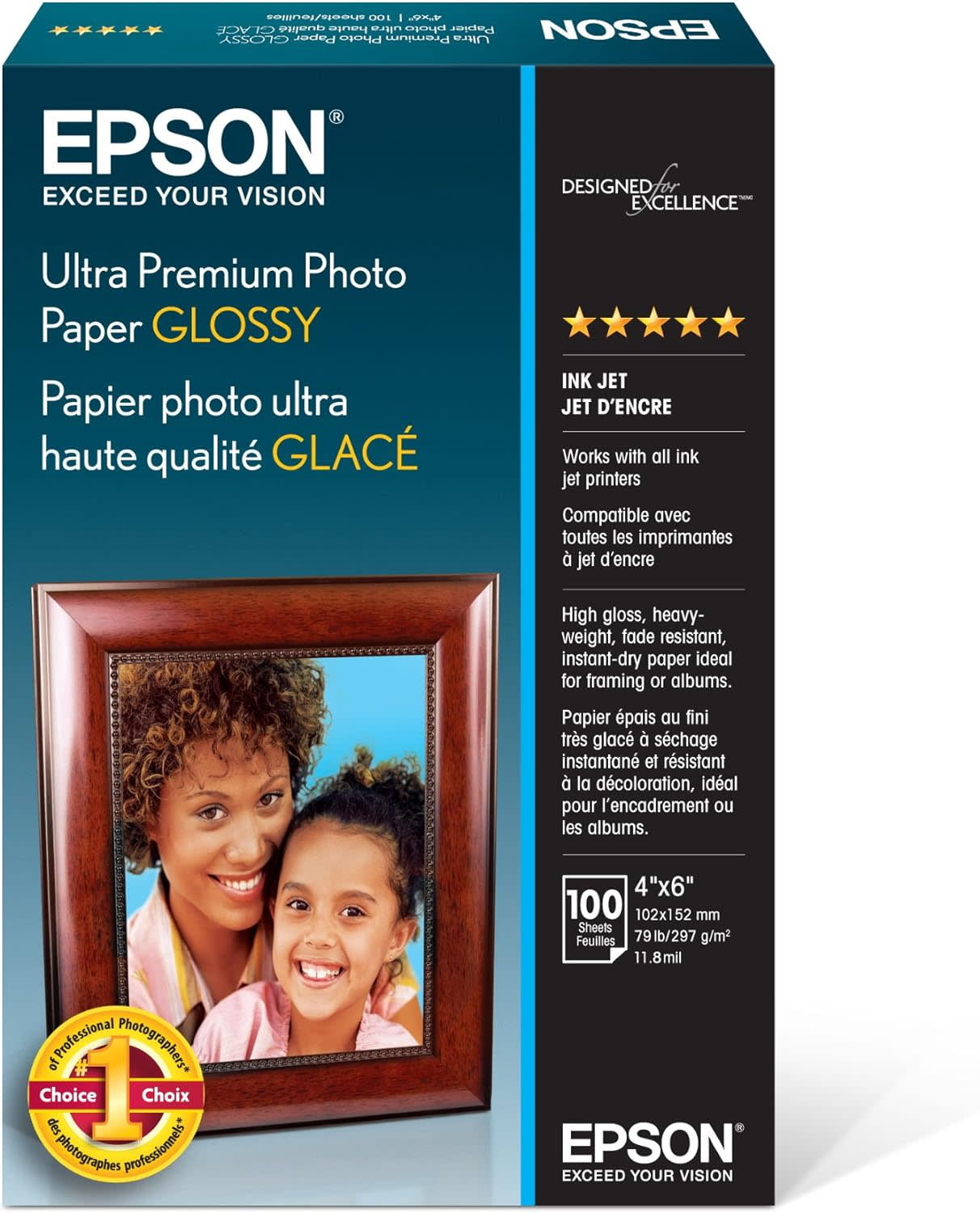 Epson Ultra Premium Glossy Photo Paper, 100 Sheets, 6.2" x 4"x  1.4". White