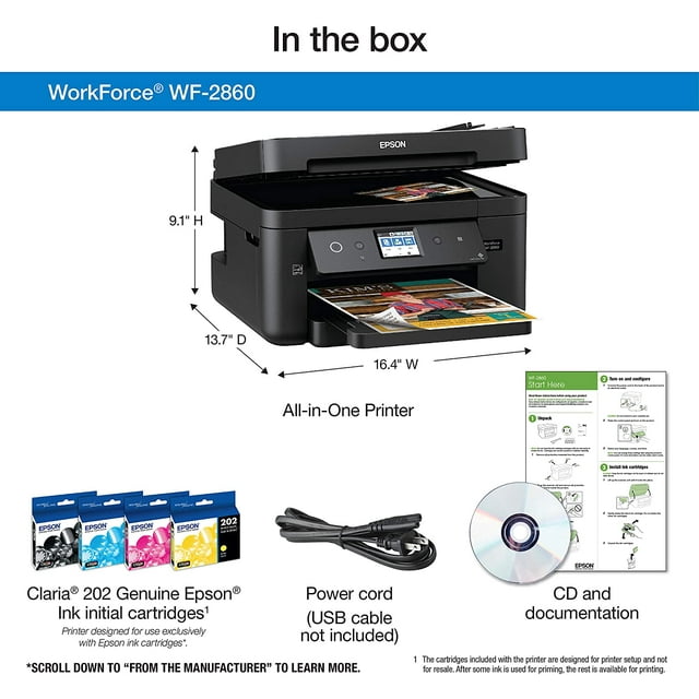 Epson Workforce WF-2860 All-in-One Wireless Color Printer with Scanner, Copier, Fax, Ethernet, Wi-Fi Direct and NFC,