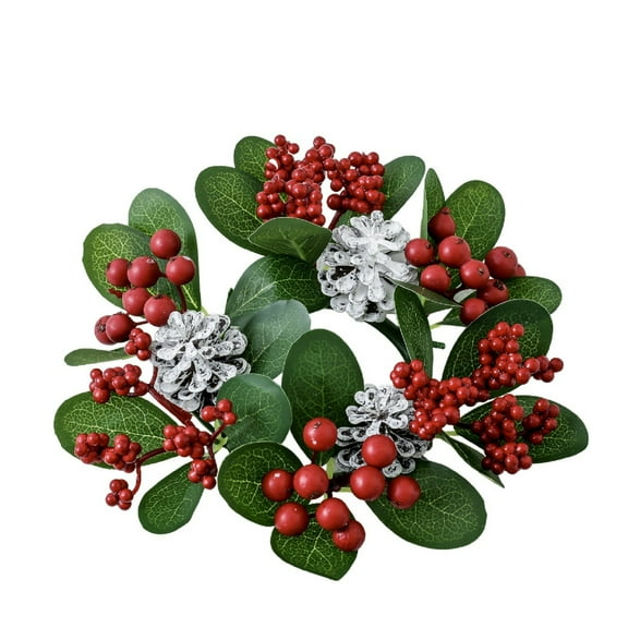 Eqiqhoxyi Christmas Wreath Candelabra Candle Garland Ring, with Branch & Berry Decor for Holiday Desktop & Candlelight Dinner Accessories,8.66x8.66in