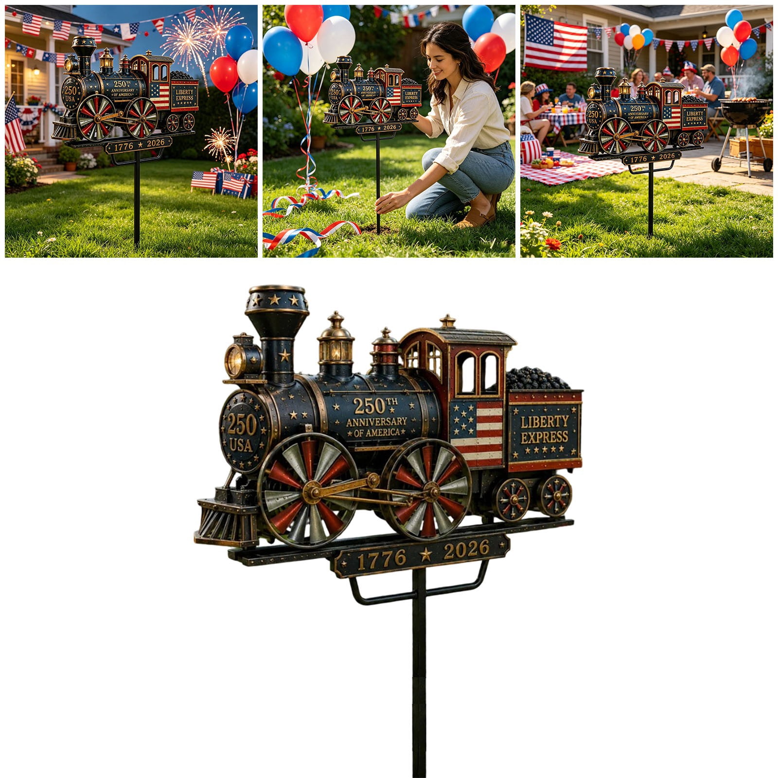Eqslft 2D Liberty Express 250th Anniversary Train Yard Stake, Patriotic Metal Train Garden Decor, Anniversary Windmill Garden Outdoor Yard Art Metal Wind Sculpture Ornament