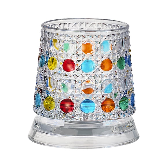Eqslft 360 Degree Spinning Glass Hand Painted Tumbler, Relief Patterned Rocks Glass with Stable Star Cut Base, Unique Glassware for Men and Spirits Lovers