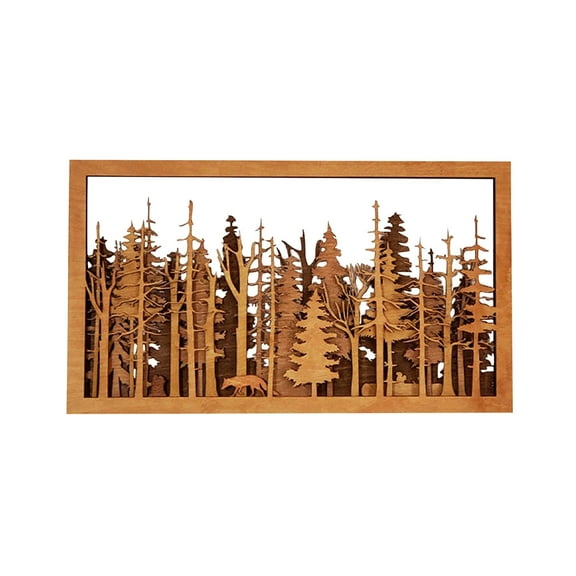 Eqslft 3D Layered Wood Forest Wall Art, Handcrafted Rustic Woodland Scene with Wolf, Framed Wooden Wall Decor for Cabin, Lodge, Living Room & Nature-Themed Home