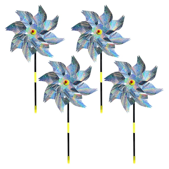 Eqslft 4PC Bird Deterrent Pinwheels, 21Inch Foil Bird Scare Wind Spinners with Stakes for Outdoor Yard, - Bird Repellent with Easy Assembly - Silver ICY hards