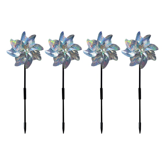 Eqslft 4PC Bird Deterrent Pinwheels, 21Inch Foil Bird Scare Wind Spinners with Stakes for Outdoor Yard, - Bird Repellent with Easy Assembly - Silver ICY hards