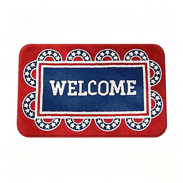 Eqslft 4th Of July Welcome Doormat Patriotic Red White /Oval/Rectangle Floor Mat Independence Day Decorative Entry Rug For Front Door Porch Memorial Day Patriotic(Square)