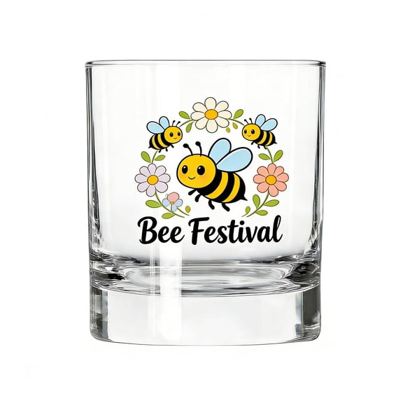 Eqslft Bee Festival Printed Fashioned Glass, Honey Bee Floral Tumbler, Clear Heavy Base Glass Cup for Bourbon, Juice, Home Bar & Outdoor Party Drinking