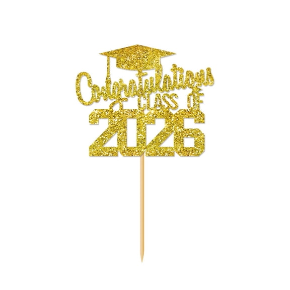 Eqslft Congratulations Class of 2026 Cake Topper, 2026 Graduation Cake Decorations, Congrats Grad High School/College Graduation Party Decorations, Yellow Glitter,1PC