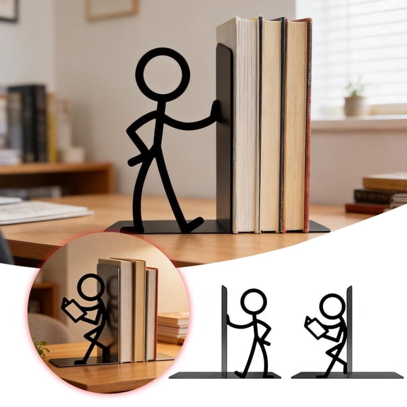 Eqslft Creative Stick Figure Bookends, Cute Metal Book End with "Pushing Book" Design, Fun Art Book Stopper for Kids, Students, and Book Lovers