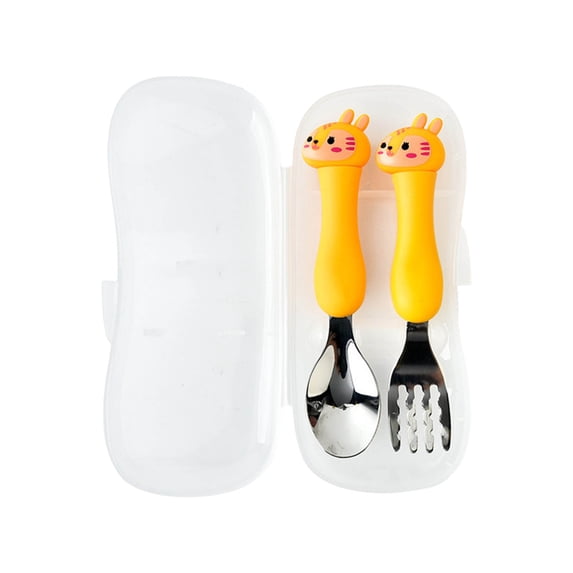 Eqslft Cute Cartoon Toddler Utensils Set,Stainless Steel Baby Spoon & Fork with Ergonomic Handle, Self-Feeding Training Tableware for Babies 12+ Months, Come with Storage Box