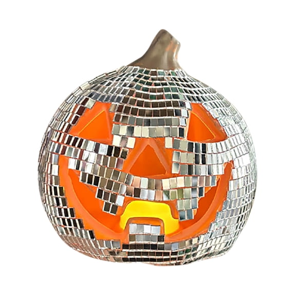 Eqslft Disco Light Up Decor, Silver Glowing Rotating Pumpkin Ornament, LED Disco Ball Pumpkin Statue, Halloween Party Tabletop Centerpiece