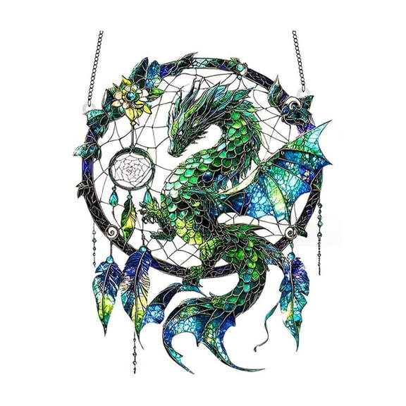 Eqslft Dragon Dreamcatcher Stained Glass Suncatcher, 2D Green Blue Dragon & Feather Acrylic Window Hanging, Fantasy Style Wall Decor for Bedroom and Home