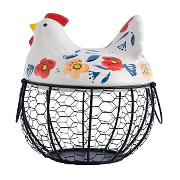 Eqslft Egg Storage Baskets for Fresh Eggs, Kitchen Countertop Storage Organization Egg Dispenser, Ceramic Chicken Lid with Wire Basket