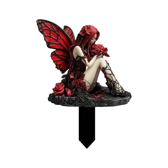 Eqslft Gothic Red Rose Fairy Garden Stake, Acrylic Dark Fantasy Butterfly Wing Garden Decor, Waterproof Prong Yard Sign, Whimsical Gothic Garden Art Ornament for Lawn