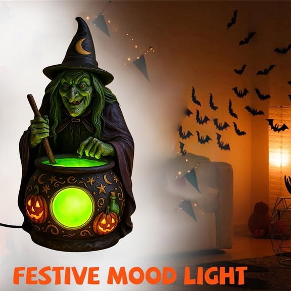Eqslft Halloween Witch Cauldron LED Mood Light, 7Inch Glowing Green Potion Witch Statue Lamp, Spooky Resin Witch Decor Light for Tabletop Holiday Indoor Decor