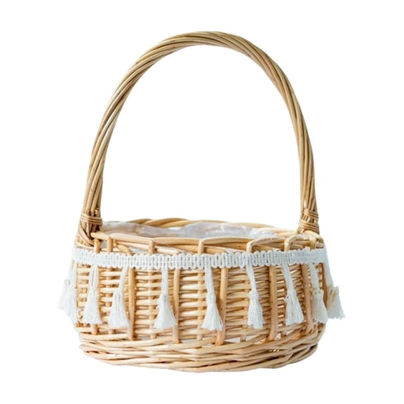 Eqslft Handwoven Wicker Flower Girl Basket with Tassel Lace, Natural Rattan Storage Basket with Handle, Boho Style Decorative Basket for Wedding, Easter, Picnic, Home Decor(Large)