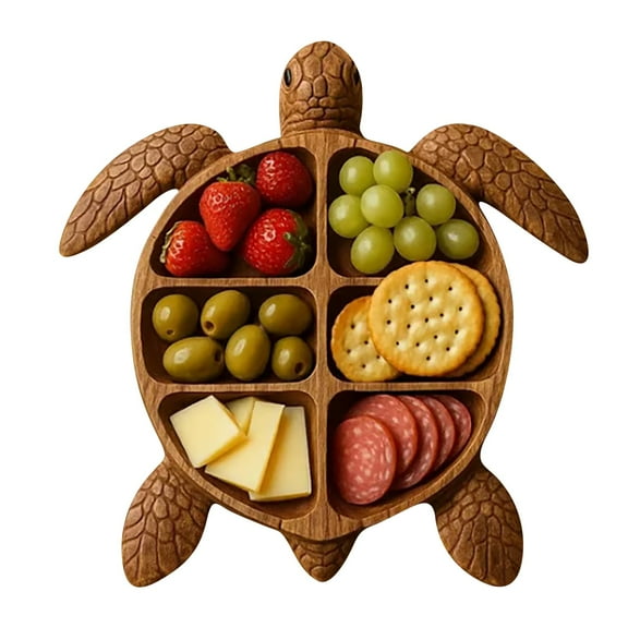 Eqslft Sea Turtle Shaped Wood Serving Platter, Divided Appetizer Plate, Unique Coastal Decor Tray for Home, Beach-Themed Parties & Kitchen Decor