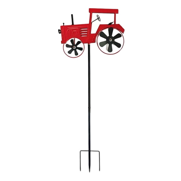 Eqslft Tractor Wind Spinner, Vintage Metal Outdoor Stake With Rotating Wheels, Windmill Decoration for Garden, Lawn, Flower Bed Iron Wheels (Red)