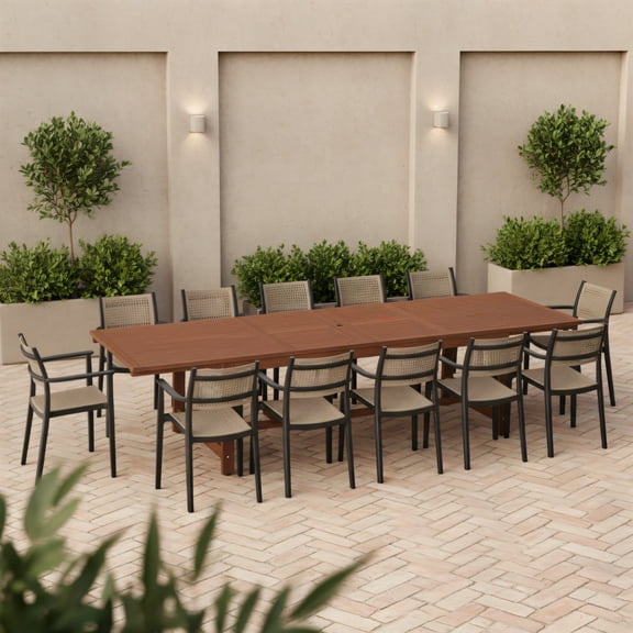 Equal 13-Piece Outdoor Rectangular Extendable Dining Table and Chairs Set | Eucalyptus Wood | Ideal for Patio, Brown Table & Black Chairs