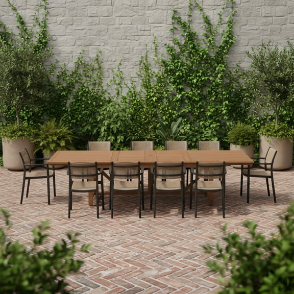 Equal 13-Piece Outdoor Rectangular Extendable Dining Table and Chairs Set | Teak Finish | Ideal for Patio, Light Brown Table & Black Chairs