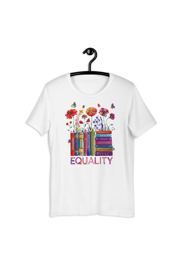 Equality Book Flower Shirt, Equal Rights Shirt, Floral Book Shirt, Equality Peace Love Kindness Tee (White, 5XL)