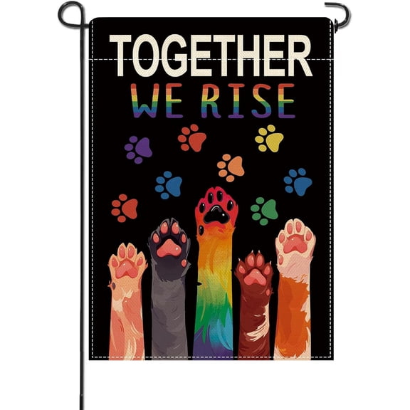 Equality Together We Rise Decorative Garden Flag, Pride Rainbow Cat Paw Prints, Burlap Double Sided Yard Dcor, 12 x 18