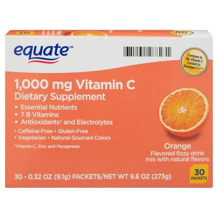 Equate 14+ 1000 mg Vitamin C Powder for Immune Support, Orange Flavor, 30 Count