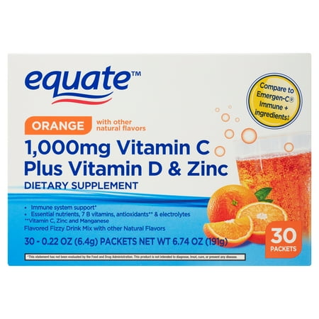 Equate 1000 mg Vitamin C Plus Vitamin D & Zinc Dietary Supplement Powder Packets, Orange Flavor, 30 Count, Compare to Emergen-C® Immunity + Ingredients