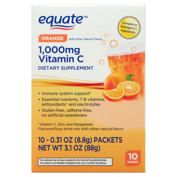 Equate 1000 mg Vitamin C Dietary Supplement Powder Packets, Orange Flavor, 10 Count, Compare to Emergen-C® Ingredients