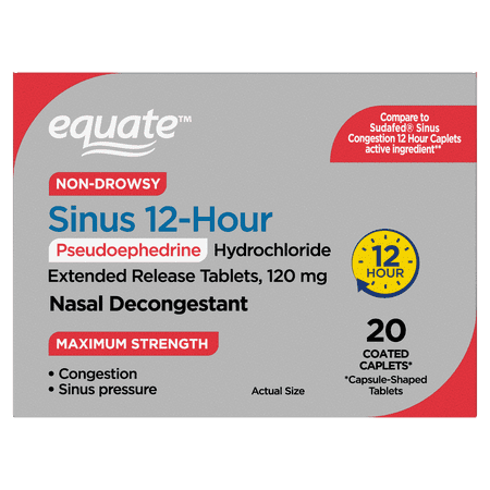 Equate 12 Hour Non-Drowsy Sinus Decongestant Pseudoephedrine HCl Extended-Release Tablets, 120 mg, Maximum Strength, 20 Count