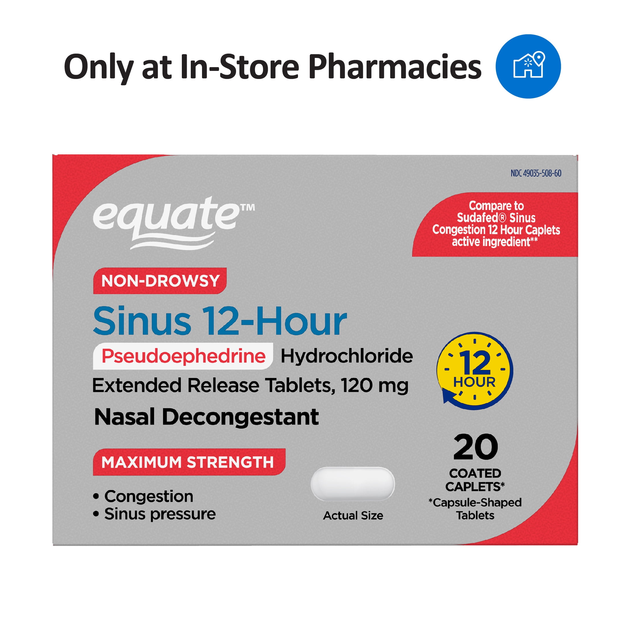 WAL*MART/EQUATE Equate 12 Hour Sinus Decongestant, Non-Drowsy, 20 Count