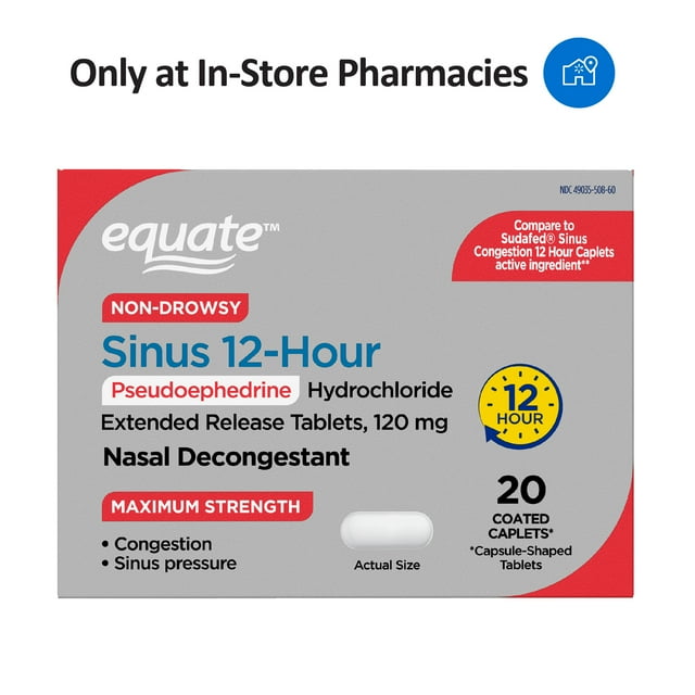 Equate 12 Hour Sinus Decongestant, NonDrowsy, 20 Count