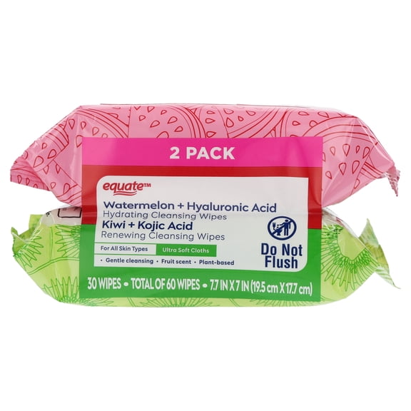 Equate Watermelon with Hyaluronic Acid and Kiwi with Kojic Acid Cleansing Wipes, 60 Count