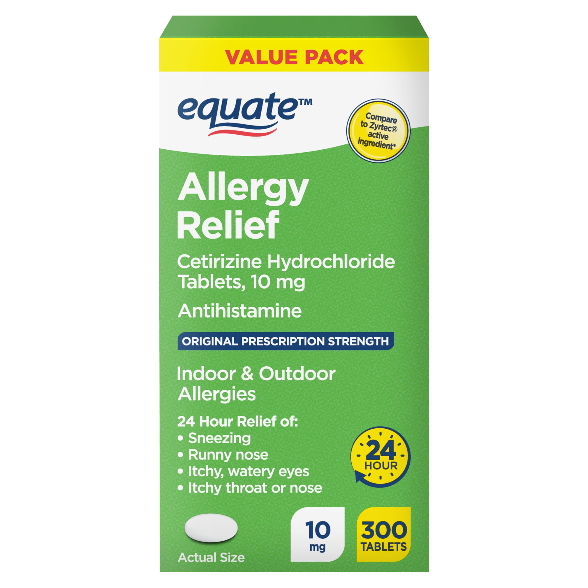 Equate 24 Hour Cetirizine Hydrochloride Allergy Relief Tablets, 10 mg, 300 Count