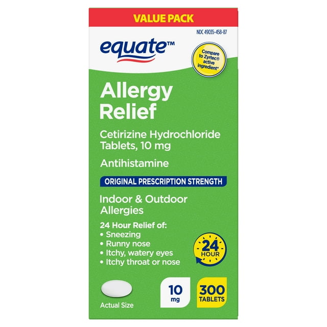 Equate 24 Hour Allergy, Cetirizine Hydrochloride Tablets, 10 mg, 300 Count