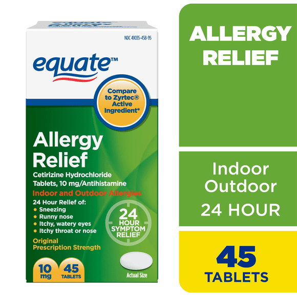 Equate 24 Hour Allergy Pills, Cetirizine Hydrochloride Tablets, 10 mg, 45 Count