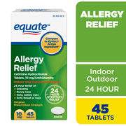 Equate 24 Hour Allergy Pills, Cetirizine Hydrochloride Tablets, 10 mg, 45 Count