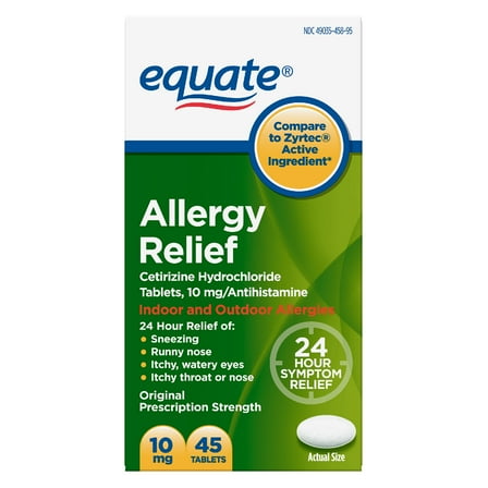 Equate 24 Hour Cetirizine Hydrochloride Allergy Relief Tablets, 10 mg, 45 Count