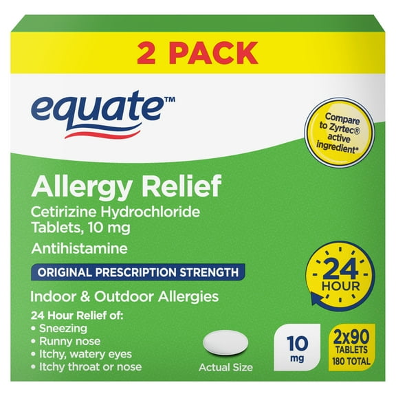 Equate 24 Hour Cetirizine Hydrochloride Allergy Relief Tablets, 10 mg, 180 Count