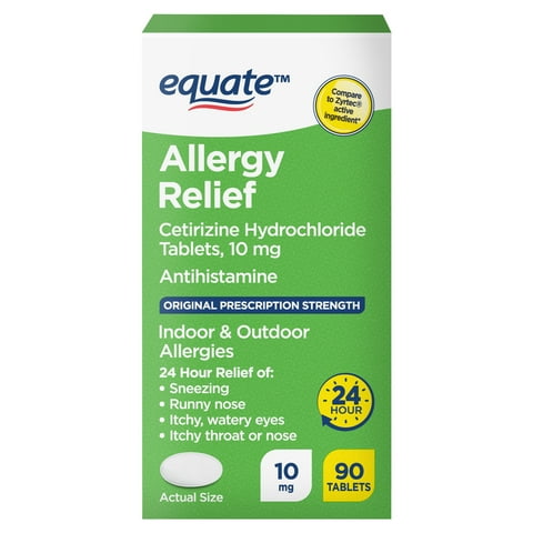 Equate Allergy Relief Gluten-Free Cetirizine HCI Medicine Tablets for Allergy 90 Tablets, 10mg