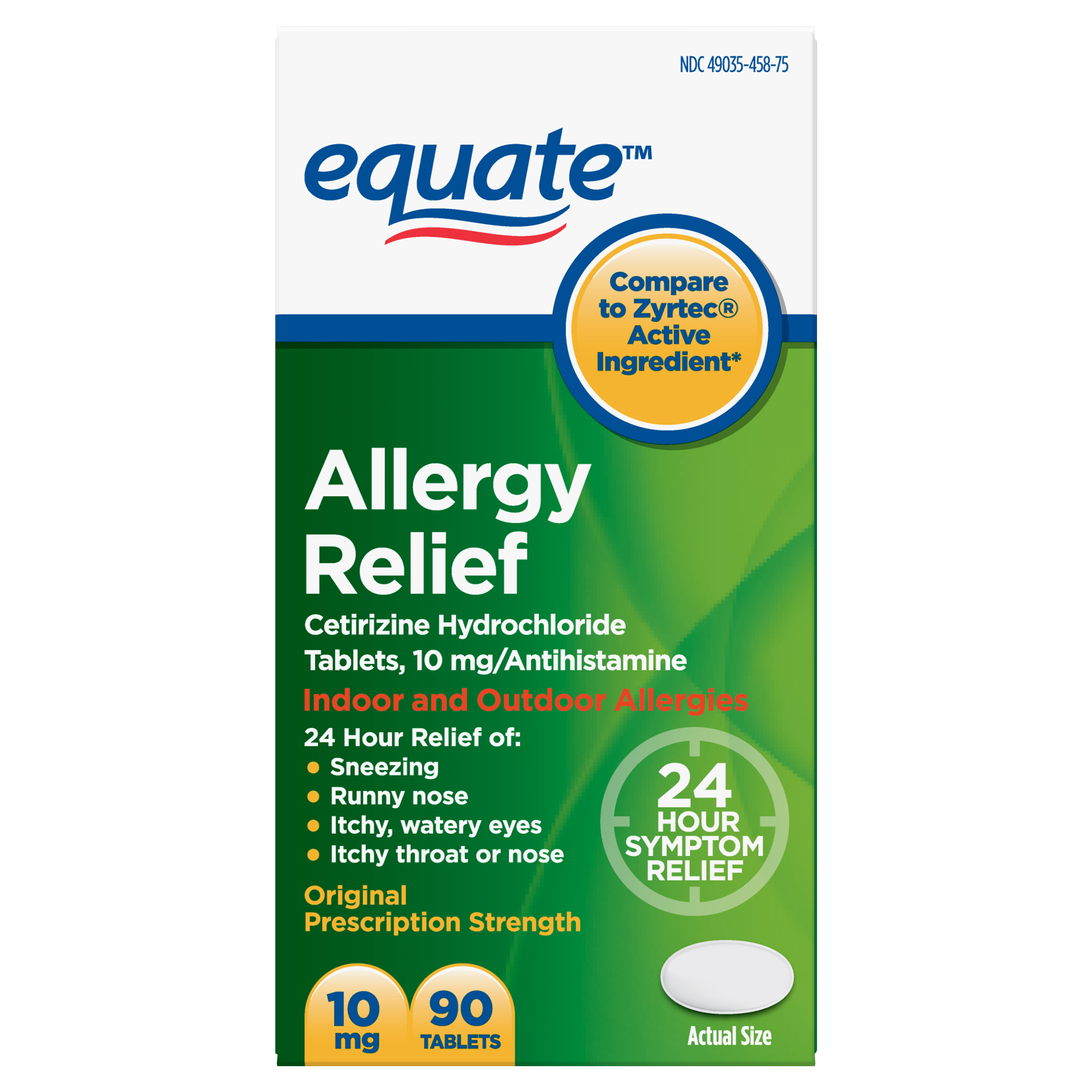 Equate 24 Hour Allergy, Cetirizine Hydrochloride Tablets, 10 mg, 90 Count - image 1 of 8