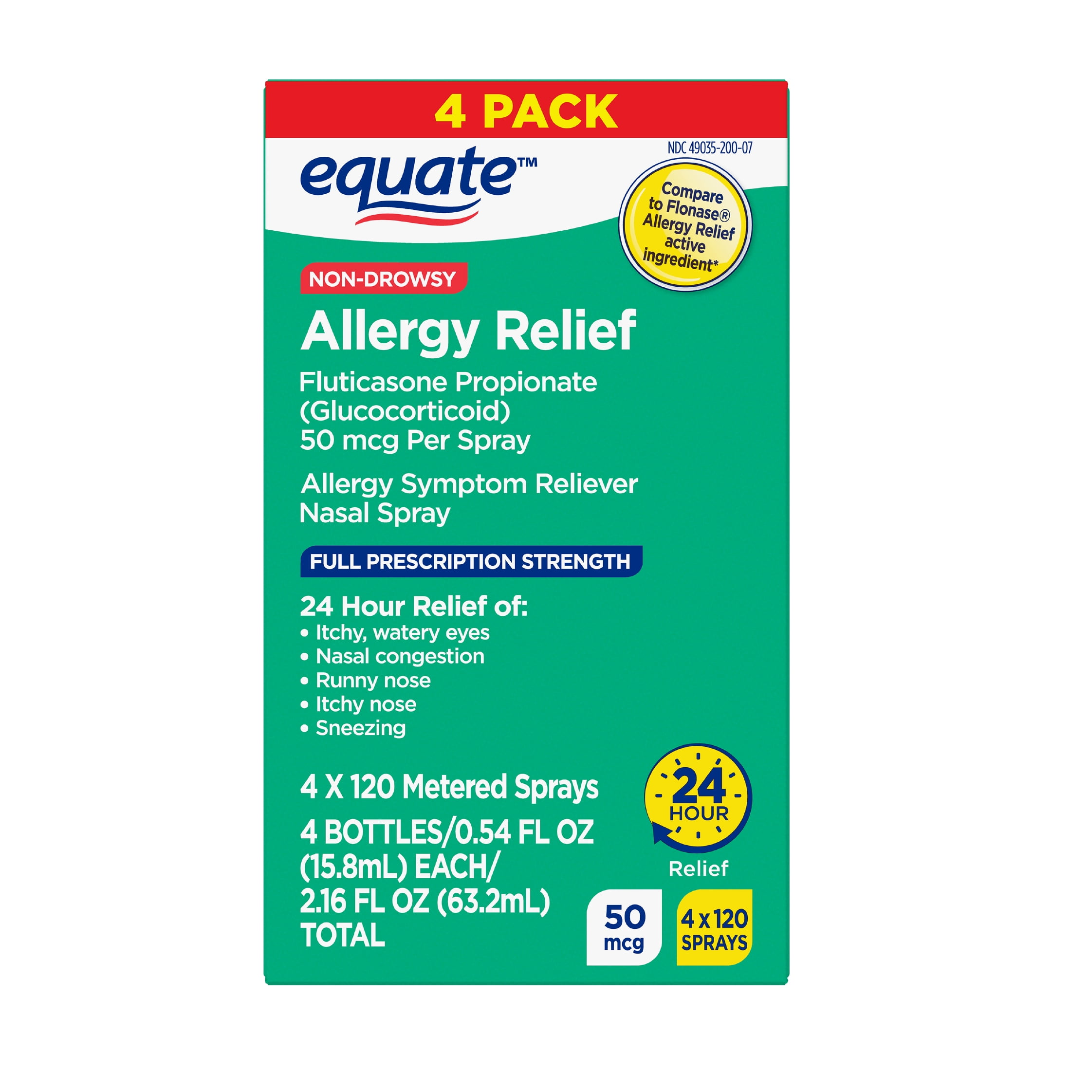 Equate 24-Hour Allergy Relief Nasal Spray, Fluticasone Propionate (Glucocorticoid), 50 mcg Per Spray, Full Prescription Strength, Non-Drowsy, 4 Bottles, 0.54 fl oz each